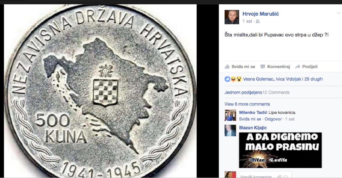 HDZ-ov šef poduzetnika na Facebook stavio ustašku kovanicu: "Bi li ovo Pupavac strpa u džep?"