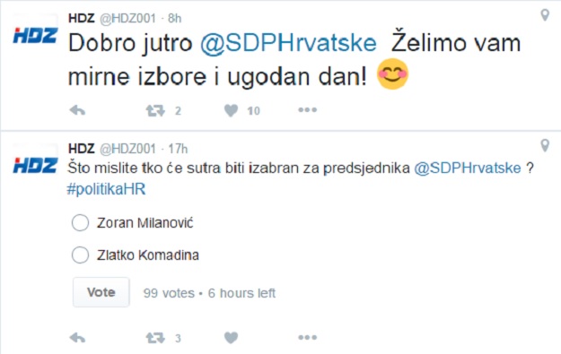 HDZ podbada SDP na Twitteru: Poželjeli im "mirne izbore i ugodan dan", objavili i anketu
