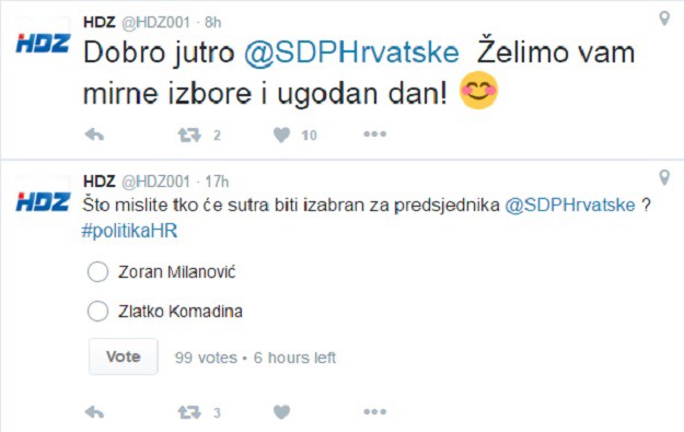 HDZ podbada SDP na Twitteru: Poželjeli im "mirne izbore i ugodan dan", objavili i anketu