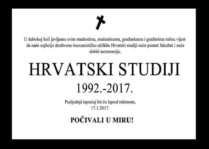 "POSLJEDNJI ISPRAĆAJ" Studenti Hrvatskih studija osmrtnicom pozivaju na prosvjed