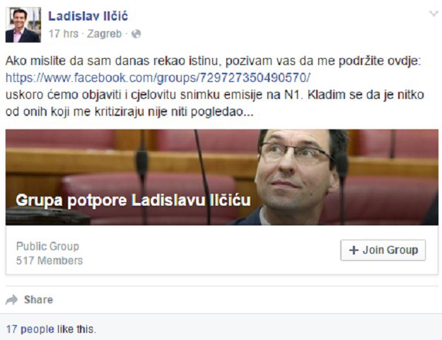 Ladislav Ilčić na Facebooku napravio grupu podrške samome sebi
