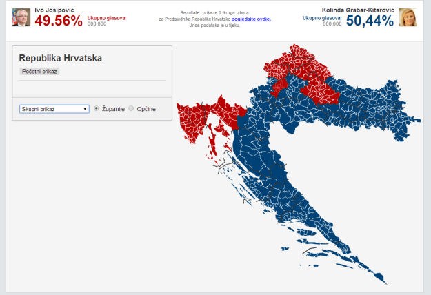 Rezultati izbora po županijama: Kolinda "poplavila" gotovo čitavu Hrvatsku