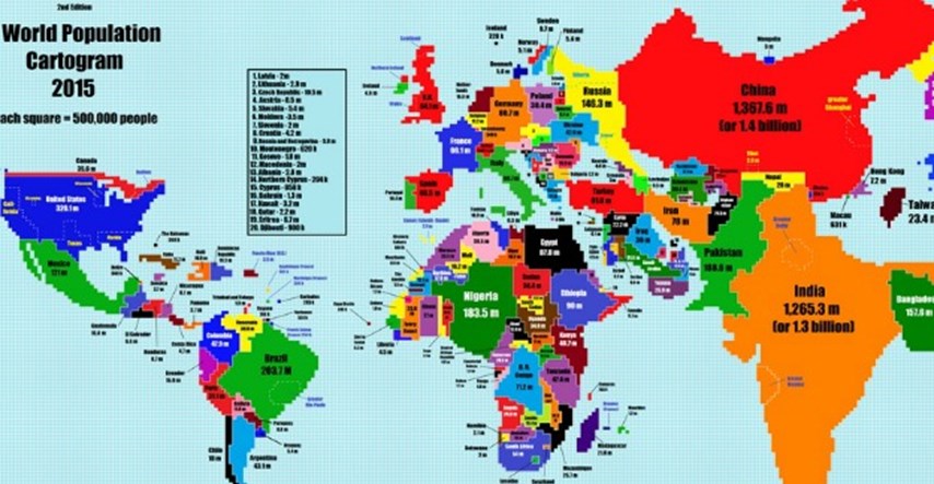 Ovako bi izgledala karta svijeta da veličina pojedine zemlju ovisi o broju stanovnika