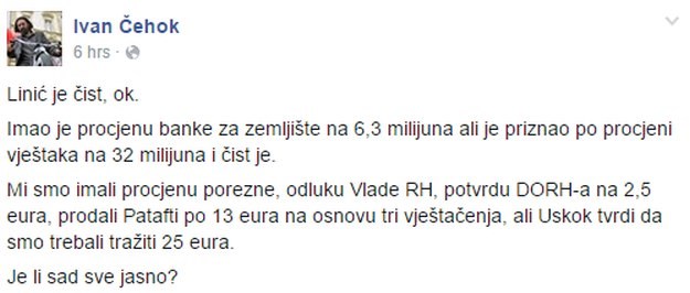 Ivan Čehok: Uskok tvrdi da smo trebali prodati Patafti po duplo većoj cijeni, a Linić je čist