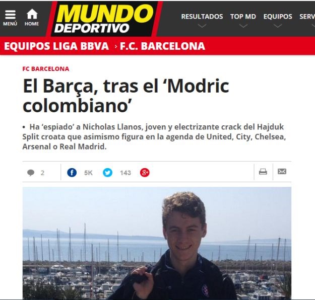 El Mundo Deportivo: Nicholas Llanos, Hajdukov "kolumbijski Modrić" na meti Barcelone