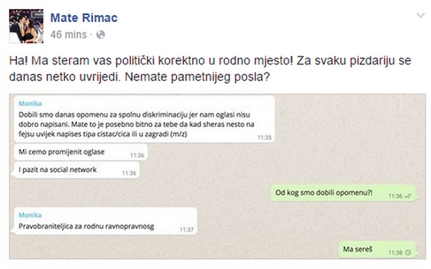 Rimac šokiran zbog primjedbe za diskriminaciju: "Steram vas politički korektno u rodno mjesto"