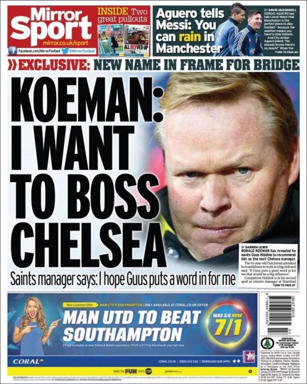 Svjetske naslovnice: Koeman moli zemljaka Hiddinka da mu sačuva klupu Chelseaja