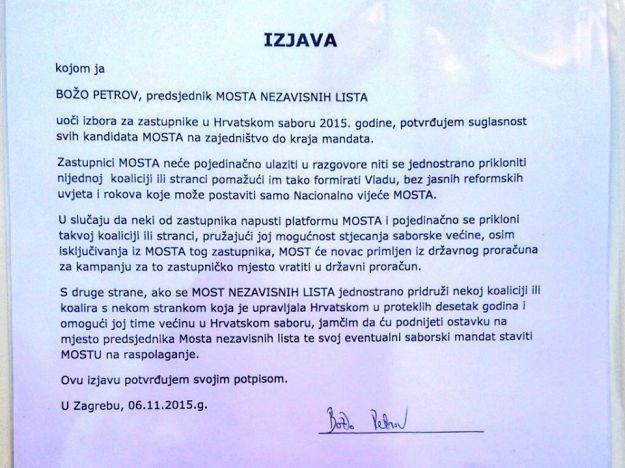 Petrov ispunio obećanje: Ovjerio izjavu da MOST neće u postizborne koalicije