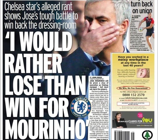 Svjetske naslovnice: Mourinhova noćna mora - igrači su mu okrenuli leđa i namjerno gube utakmice