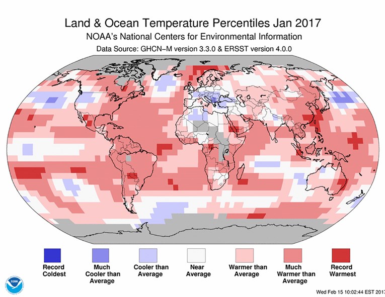 Siječanj 2017. - treći najtopliji siječanj na Zemlji od 1880. godine