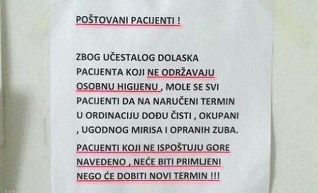 Obavijest stomatologinje iz Osijeka: "Ako se niste okupali, oprali zube i namirisali, nećete biti primljeni"
