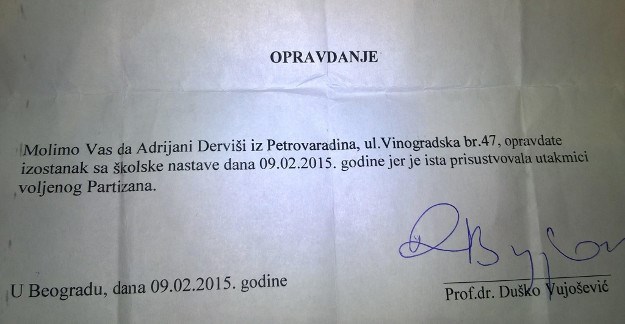 Vujošević napisao školsku ispričnicu učenici jer je bila na utakmici "voljenog Partizana"