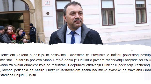 Ministar Orepić raspisao nagradu: 20.000 kuna za informaciju o crtaču svastike na Poljudu