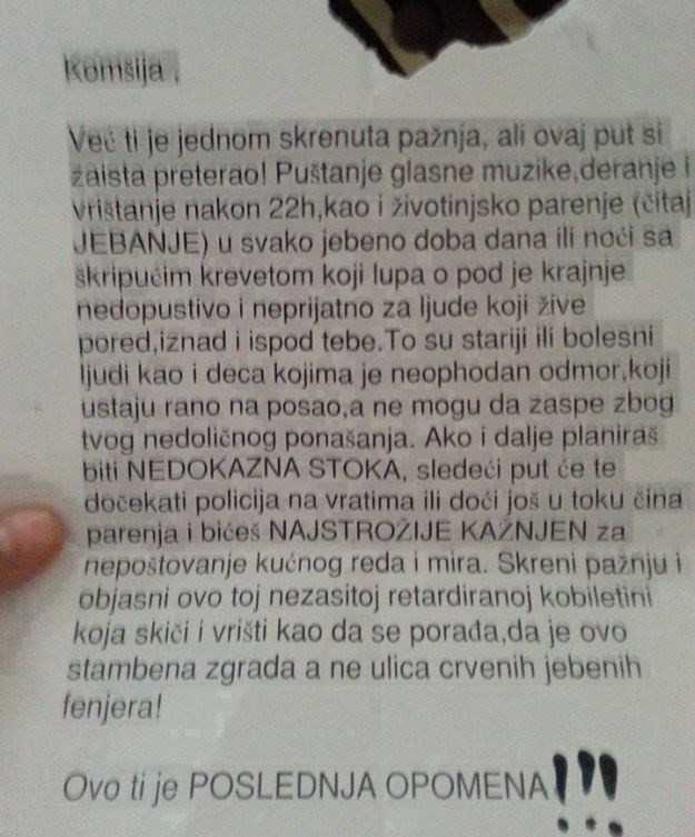 "Životinjsko parenje" i glasna muzika bili su mu previše: "Komšija, ovo ti je poslednja opomena!"