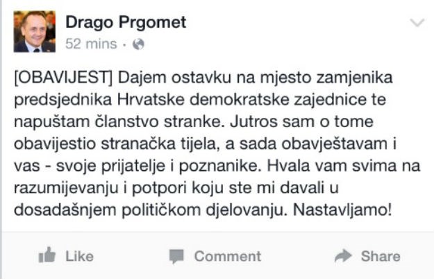 Drago Prgomet izašao iz HDZ-a, ostavku Karamarku odnio osobno