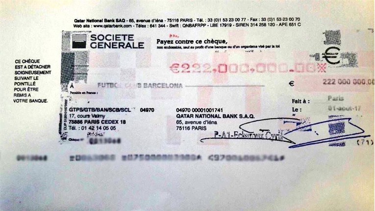 KOMADIĆ PAPIRA KOJI JE UNIŠTIO NOGOMET Ovo je ček od 222 milijuna eura