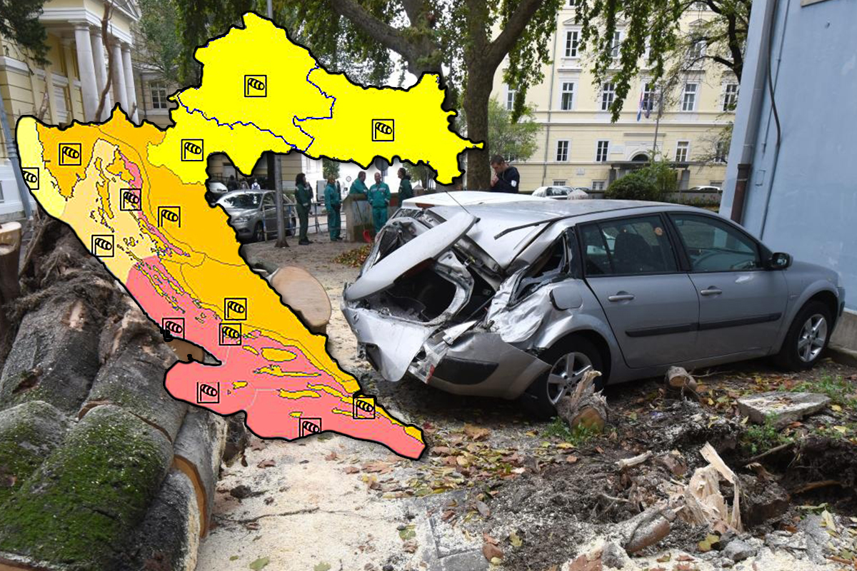 CRVENI ALARM Orkanska bura na obali, uništeni automobili i rasvjetni stupovi, puše i do 140 km/h