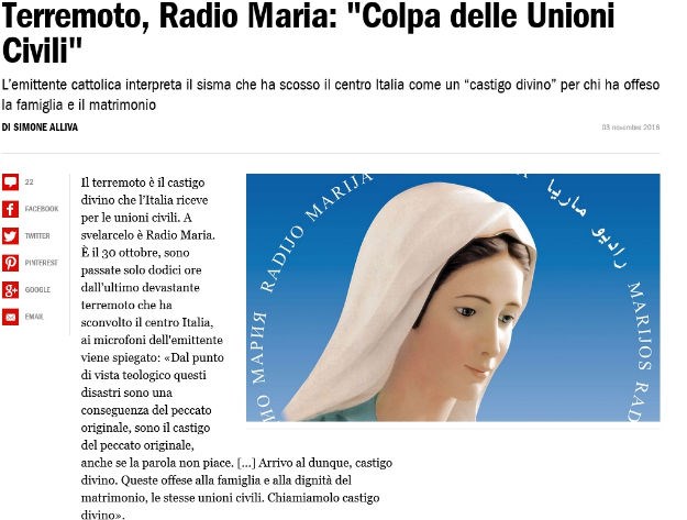 Katolički radio objavio da su potresi "Božja kazna" jer Talijani dopuštaju gay brakove
