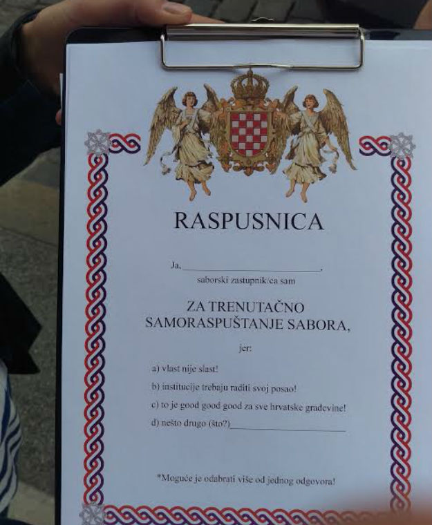 GONG zastupnicima dijeli raspusnice za raspuštanje Sabora
