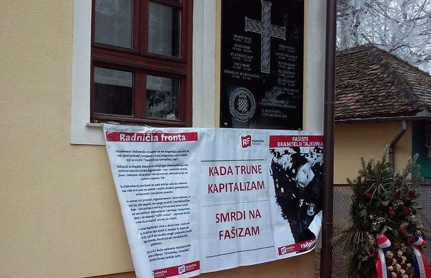 FOTO Akcija Radničke fronte kod ploče s ustaškim pozdravom u Jasenovcu