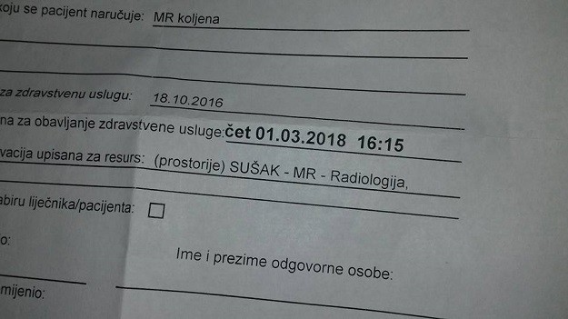 Riječanku za magnetsku rezonancu koljena upisali u ožujku - 2018.