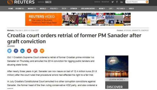 Reuters: Oslobađanje Sanadera može pomoći HDZ-u pred izbore