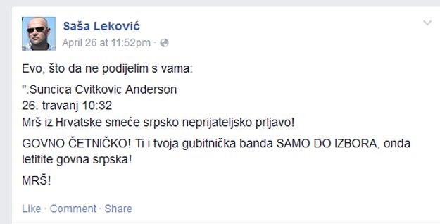 Na Facebooku prijete novom šefu HND-a Lekoviću: "Mrš iz Hrvatske, govno četničko!"