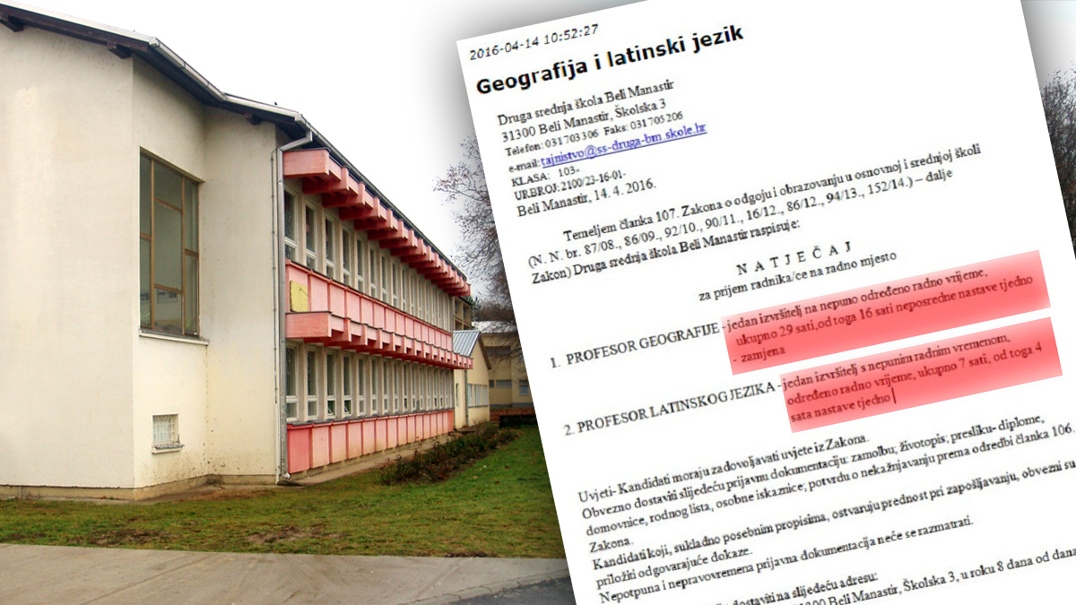 ŠKOLSKI PRIMJER U Belom Manastiru zaposlili profesoricu hrvatskog i povijesti da predaje zemljopis