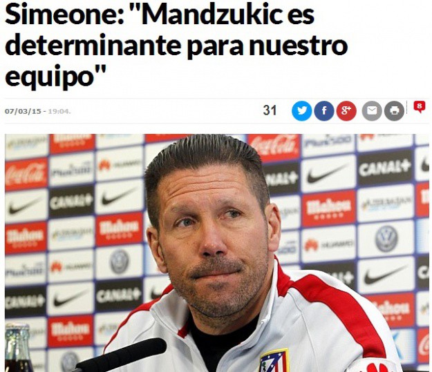 Simeone: Mandžukić je najvažniji igrač Atletica