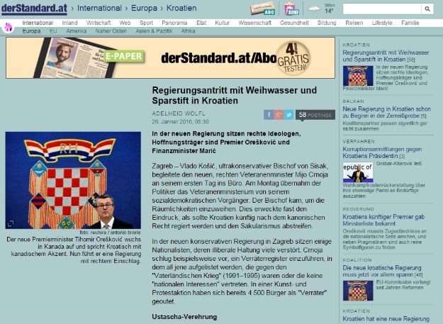 Der Standard: Nova hrvatska vlada u znaku svete vode i ekstremista
