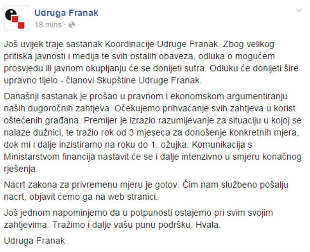 Udruga Franak sutra odlučuje o prosvjedima i poručuje: Ostajemo pri svojim zahtjevima!