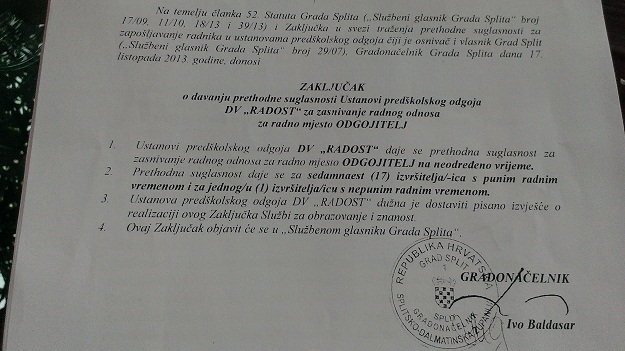 Sporna zapošljavanja u Dječjem vrtiću Radost odobrio Baldasar?!