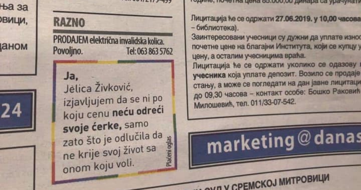 Jelica je objavila u novinama da se neće odreći kćeri lezbijke i postala hit