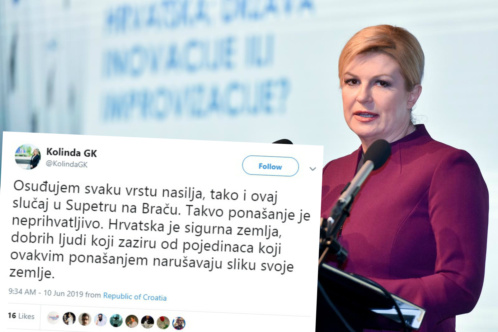 Kolinda o napadu na Srbe: Osuđujem nasilje, Hrvatska je sigurna zemlja