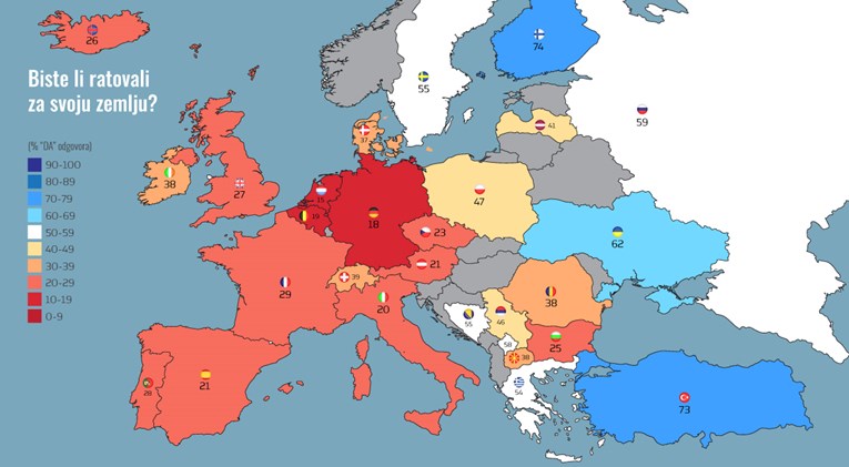 Ova karta prikazuje tko bi ratovao za svoju zemlju, a tko ne