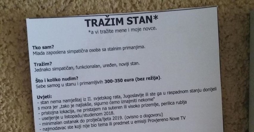 Oglasom pokazao muke hrvatskih podstanara: "Šaljite fotke stana, ne gole fotke"