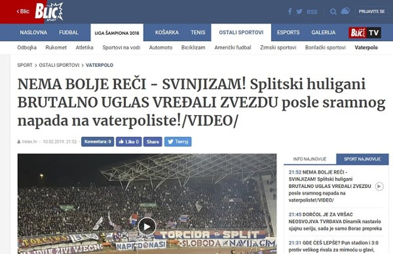 Srpski mediji: Svinjizam! Splićani su i u nedjelju dokazali da su divljaci