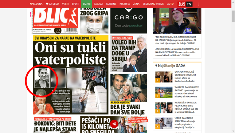Blic na naslovnici objavio sliku ubijenog torcidaša: "On je tukao vaterpoliste"