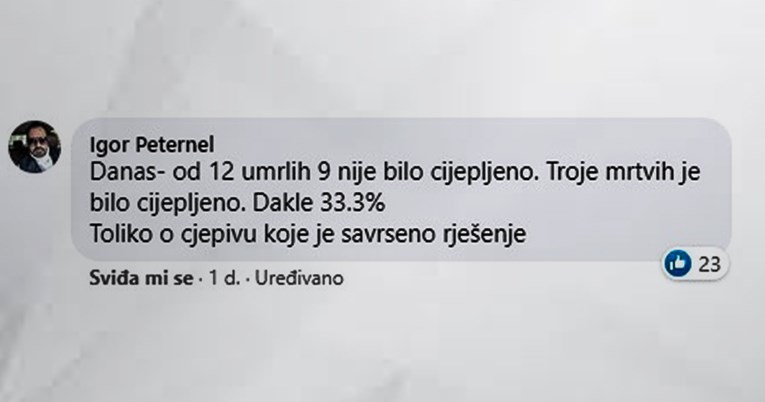 Peternelova matematika: 3 od 12 umrlih bilo je cijepljeno. Dakle, 33 posto