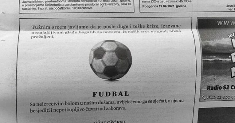 Crnogorske novine: Tužnog srca javljamo da je umro nogomet