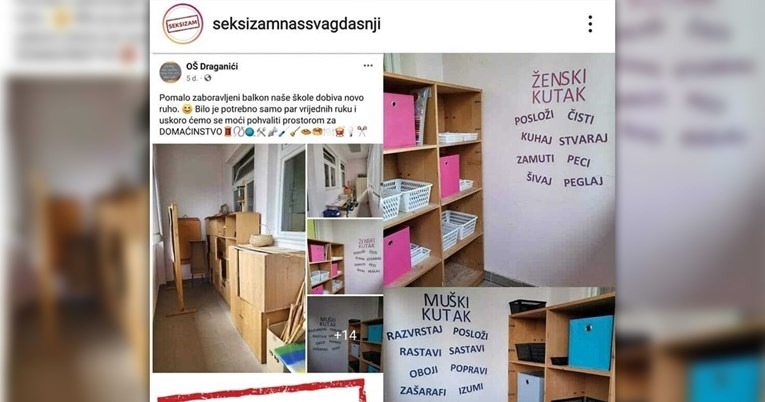 Širi se objava škole koja ima ženski i muški kutak. Za učenice piše: "Čisti, peglaj"