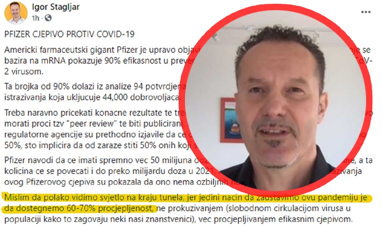 Štagljar komentirao Pfizerovu objavu da im je cjepivo 90 posto učinkovito