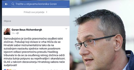 Beus Richembergh: Samoubojstvo je počinio ratni zločinac, neprihvatljivo je za njega održati minutu šutnje