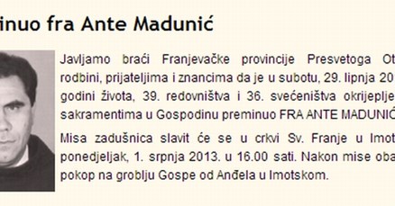 Pohotni fratar Ante Madunić preminuo čekajući ponovno suđenje za seks s maloljetnicama