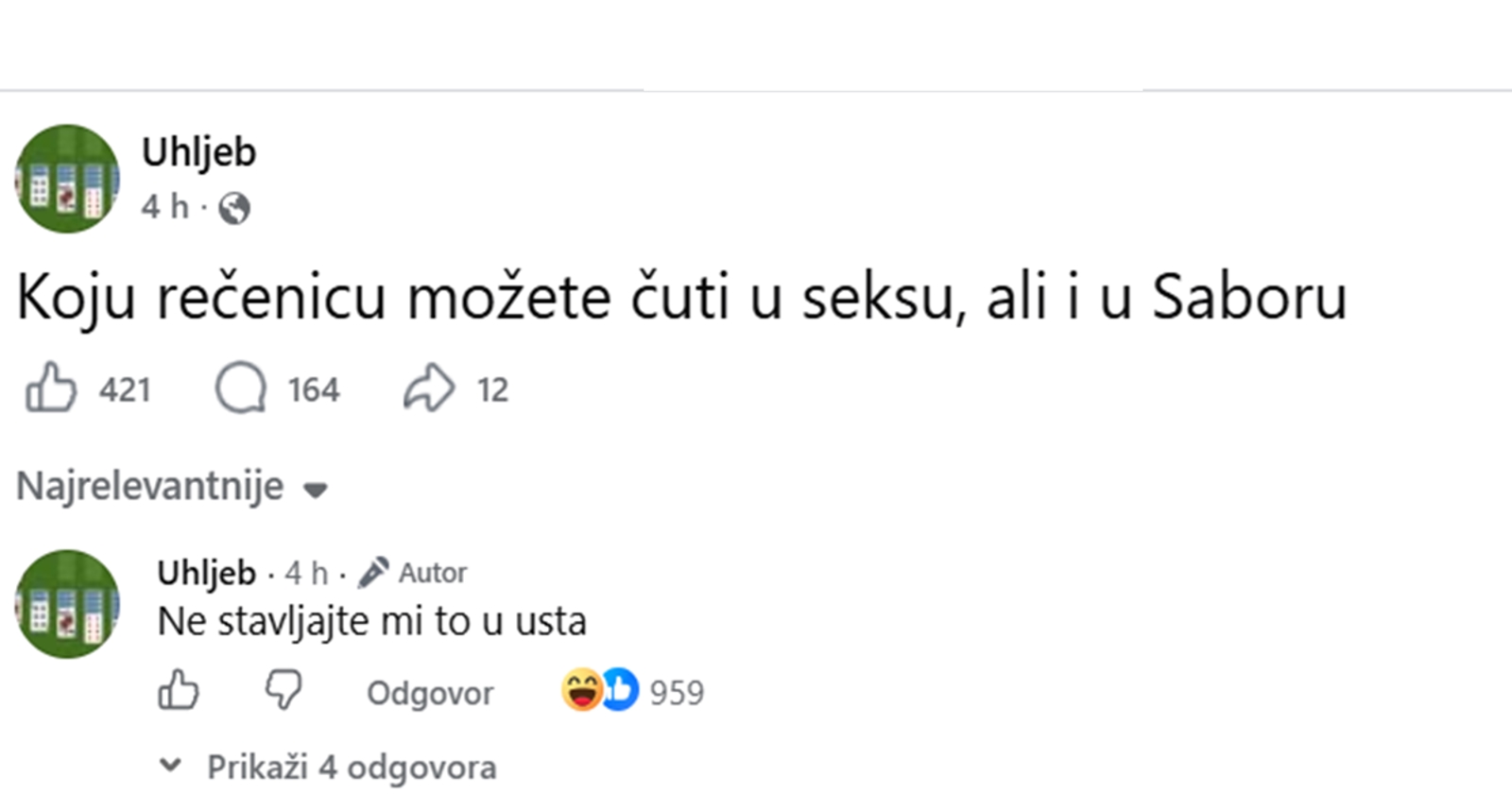 Na Fejsu raspravljaju o stvarima koje možeš reći u Saboru i tokom seksa. Komentari su čisto zlato