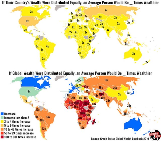 Prva karta prikazuje koliko bi puta ljudi bili bogatiji kada bi se bogatstvo njihove države raspodijelilo jednako na sve stanovnike. Donja prikazuje što bi se dogodilo kada bi se globalno bogatstvo jednako podijelilo po stanovnicima svijeta