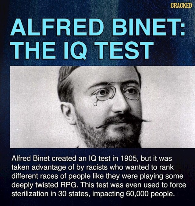 Kada je 1905. kreirao IQ test, Alfred Binet nije mogao ni zamisliti da će ga rastiti iskoristiti za rangiranje različitih skupina ljudi i tako ugroziti desetke tisuća života. Na temelju rezultata testa, neke se ljude čak prisilno steriliziralo!