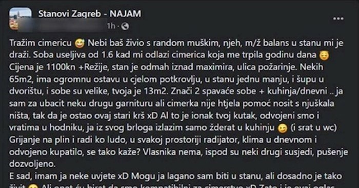 Tip iz Zagreba traži cimericu, ekipa je apsolutno oduševljena iskrenim oglasom