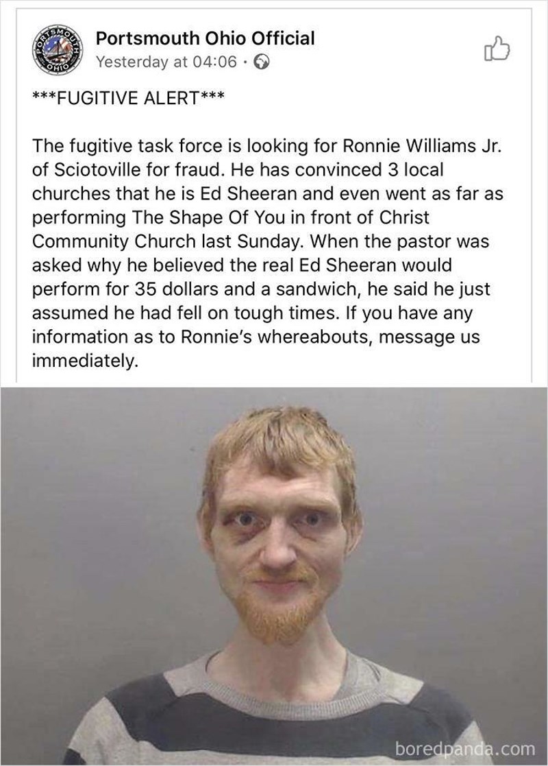 Tip je uvjerio svećenike u tri crkve da je Ed Sheeran i u jednoj od njih je imao nastup. Svirao je za 35 dolara i sendvič i pastor je pristao na to misleći da je posrnula zvijezda kojoj treba pomoć!