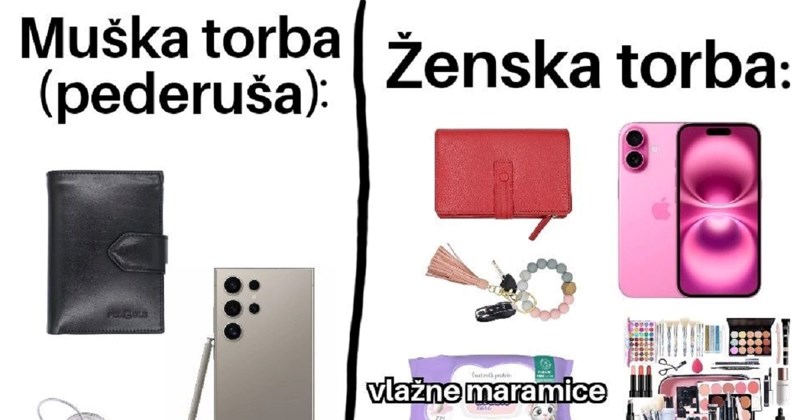 Fora o razlici u sadržaju muške i ženske torbe nasmijala je ekipu na Fejsu, totalno je pogođena